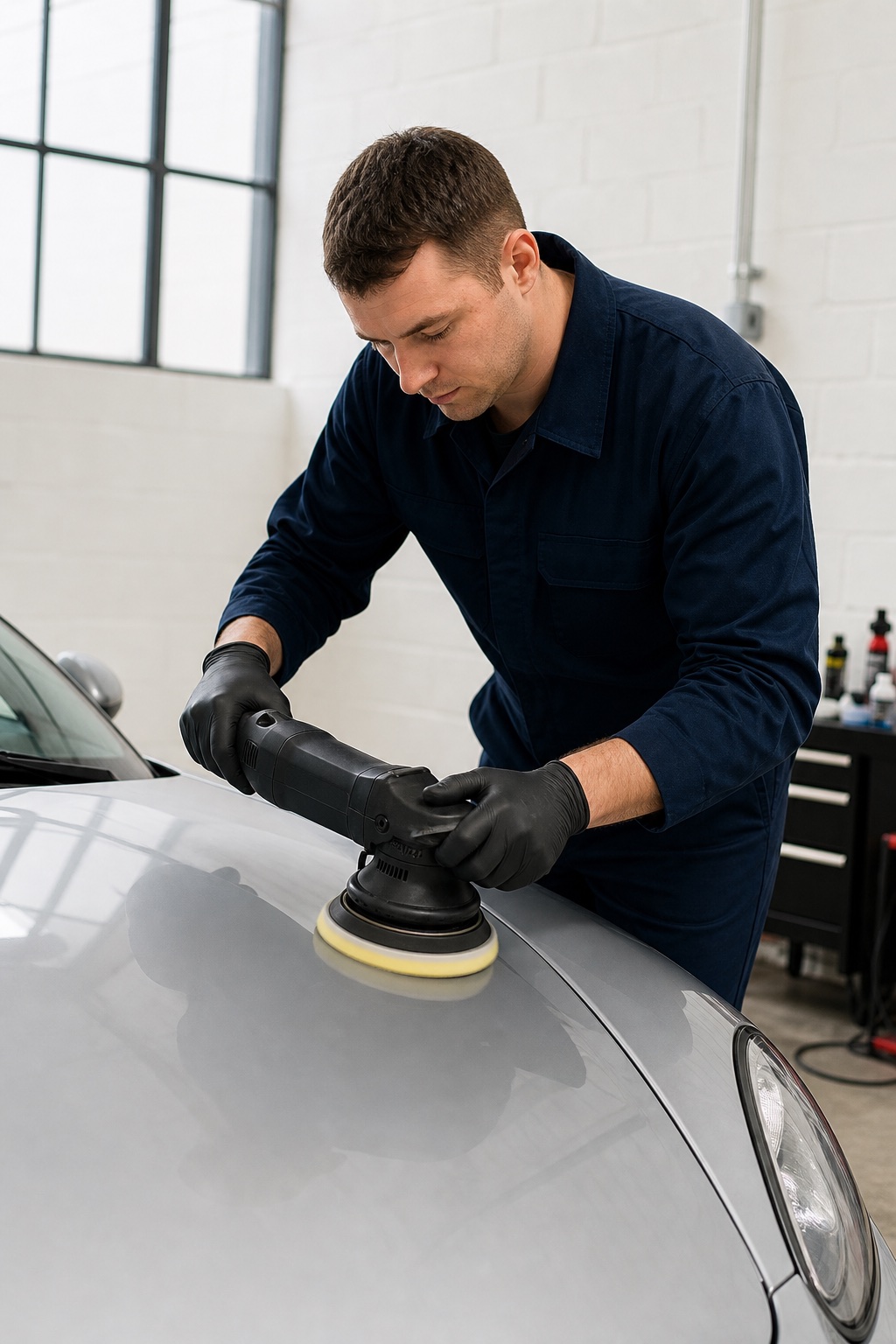 A technician focuses on carefully polishing the bonnet of a silver car